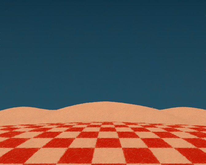 A tower assembling itself, block by block, on a checkerboard desert floor